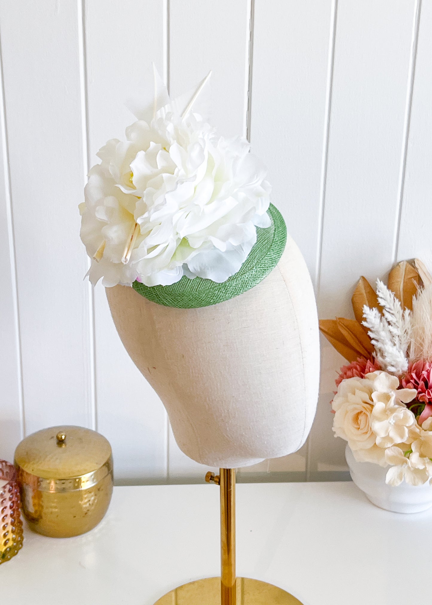 "Marta" - Green & White Fascinator (Petite Collection)