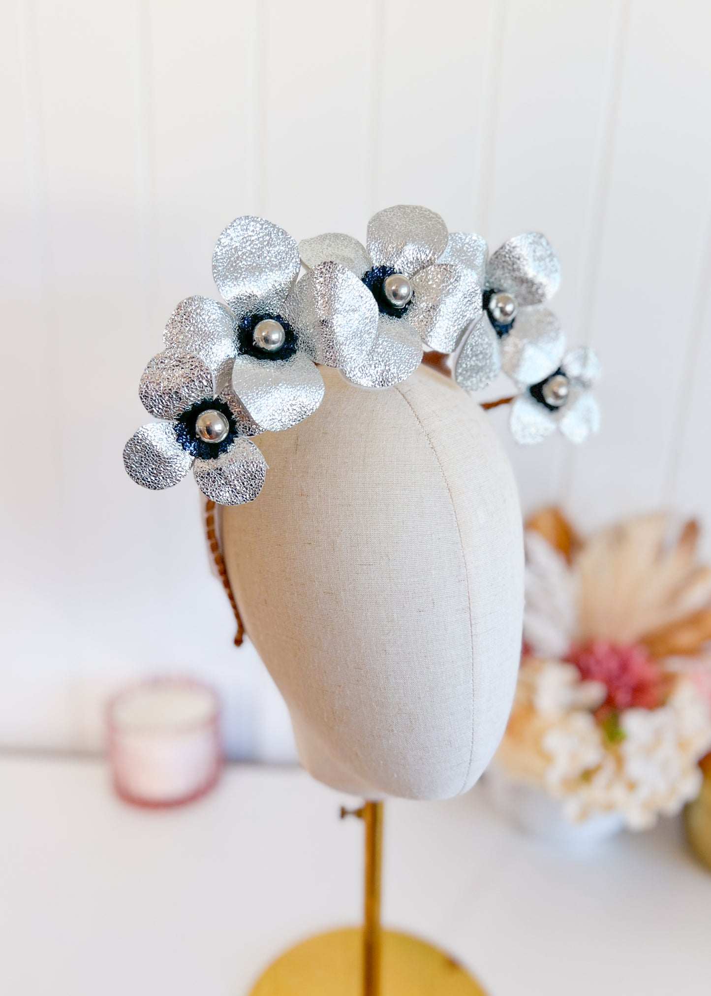 "Nina" Silver & Navy Leather Floral Crown