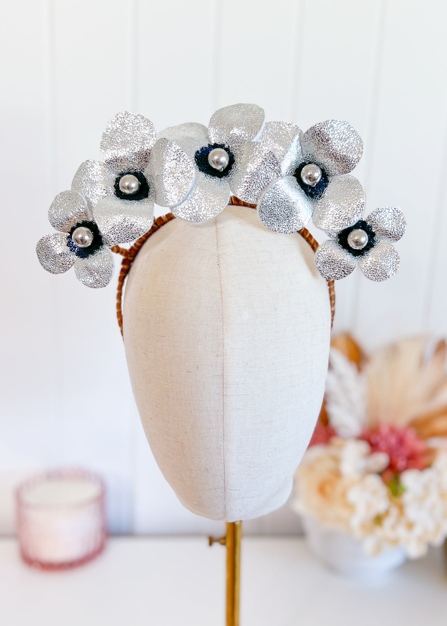 "Nina" Silver & Navy Leather Floral Crown