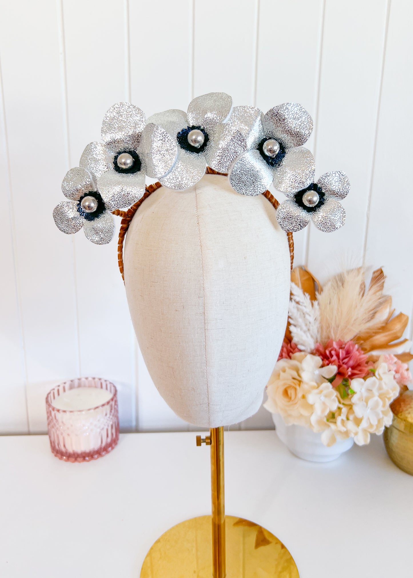 "Nina" Silver & Navy Leather Floral Crown