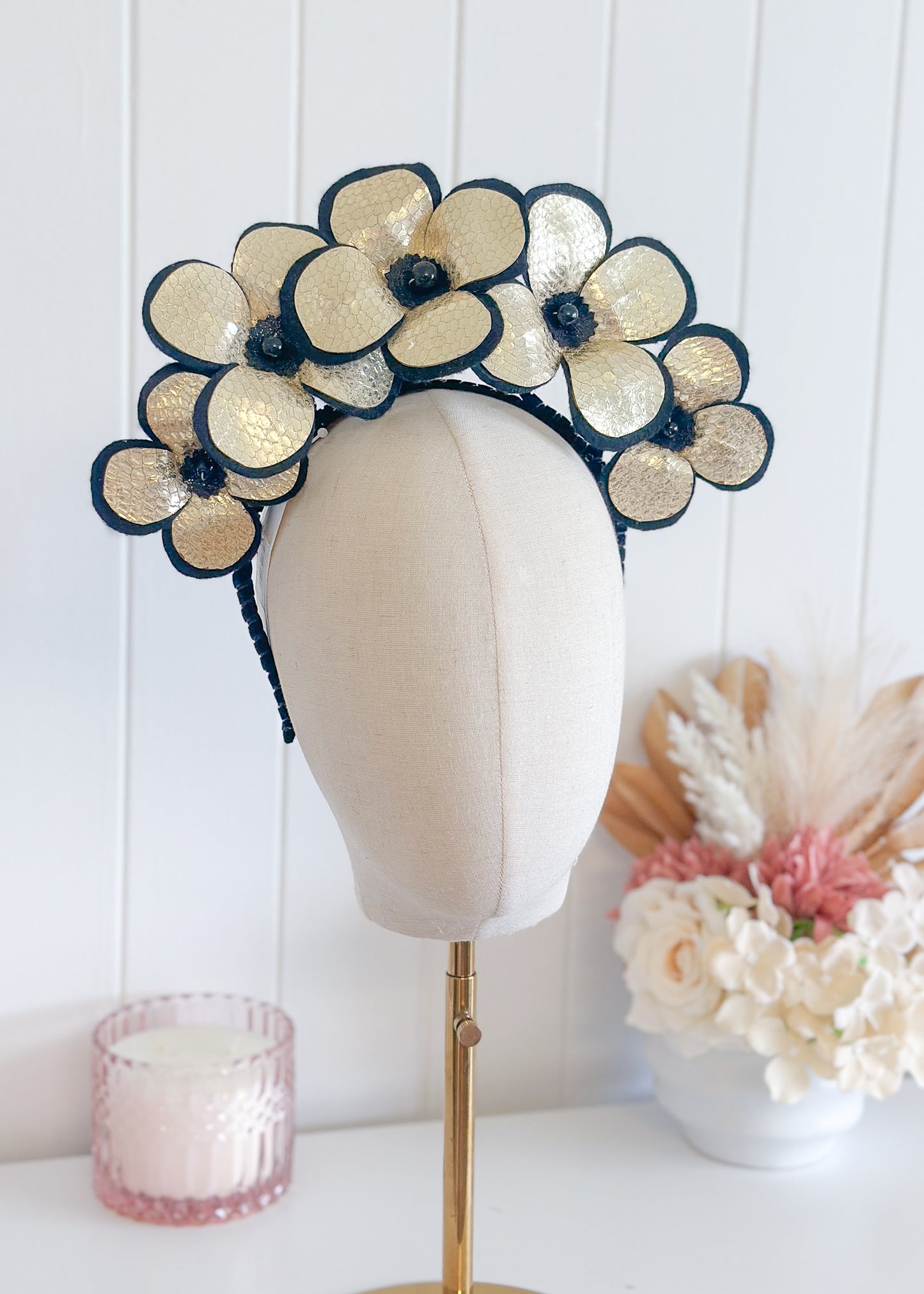 "Nina" Black & Gold Leather Crown