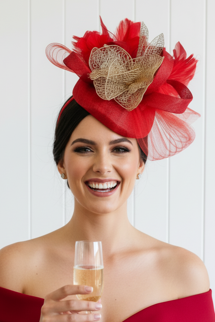 “Fantasia” Red & Gold Fascinator