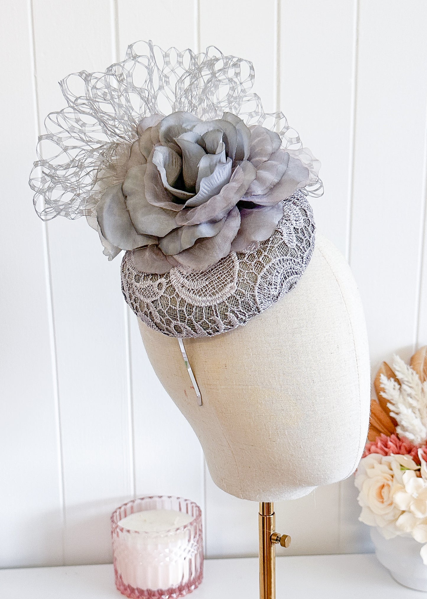 “Phyllis" Grey Lace Fascinator