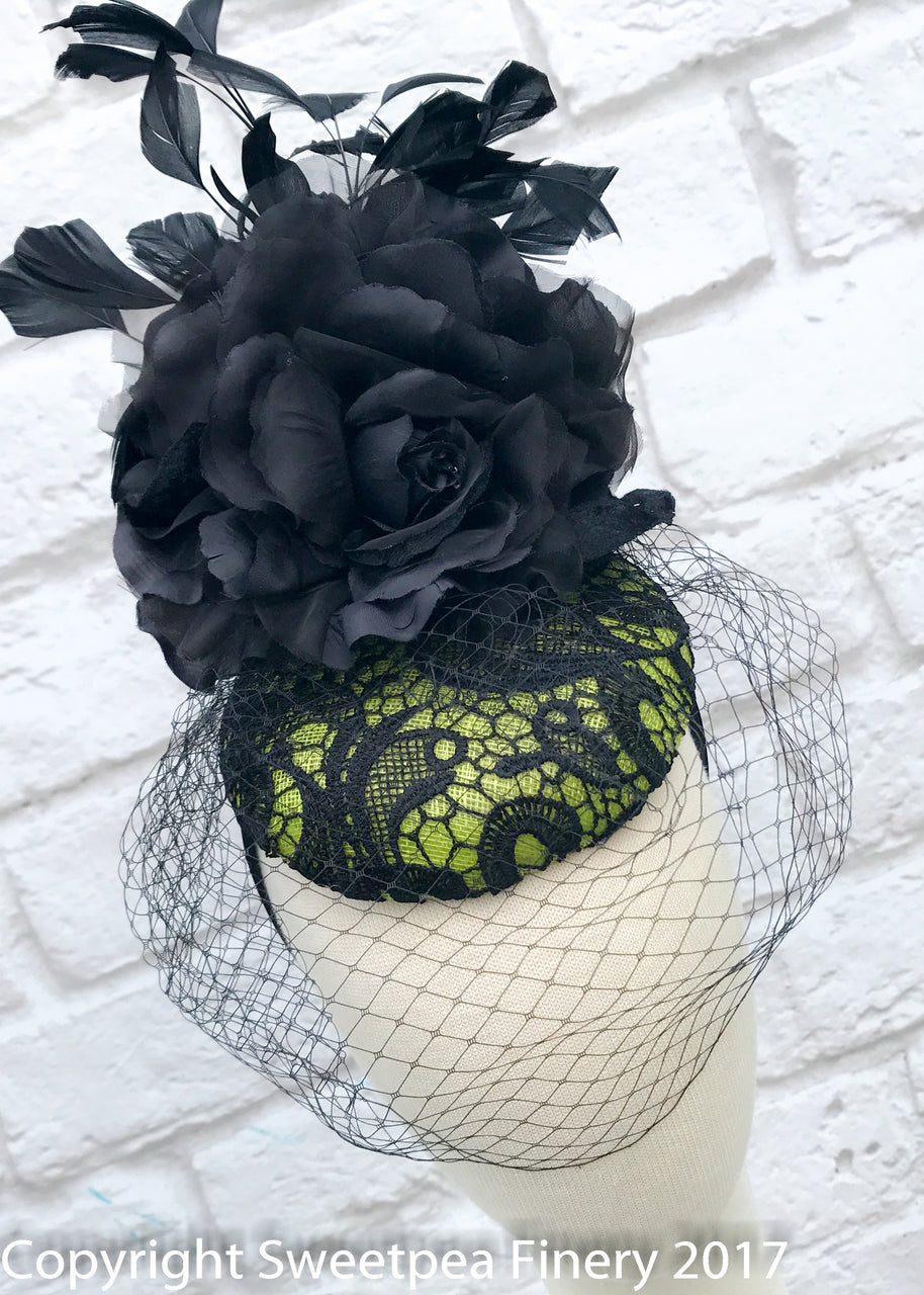 "Nicole" Fascinator - Lime Green & Black Fascinator