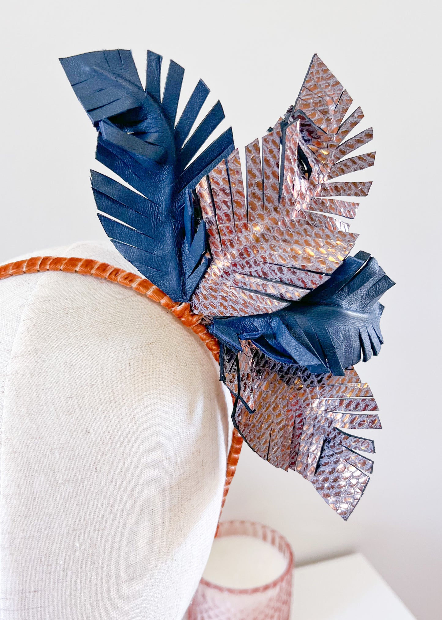 "Karla" Leather Headpiece - Navy & Bronze