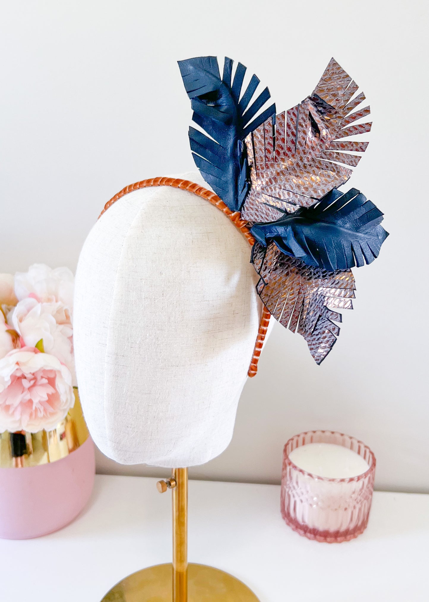 "Karla" Leather Headpiece - Navy & Bronze