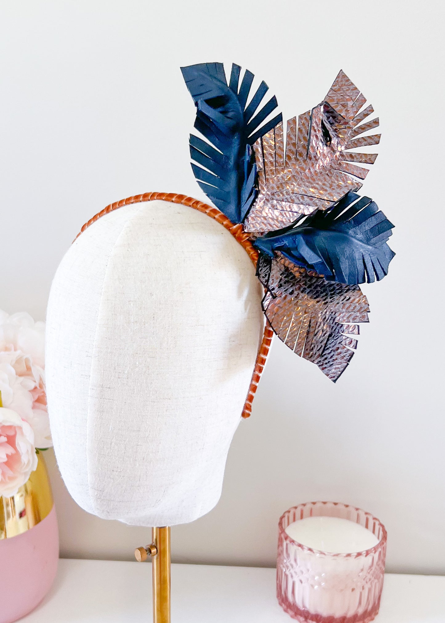 "Karla" Leather Headpiece - Navy & Bronze