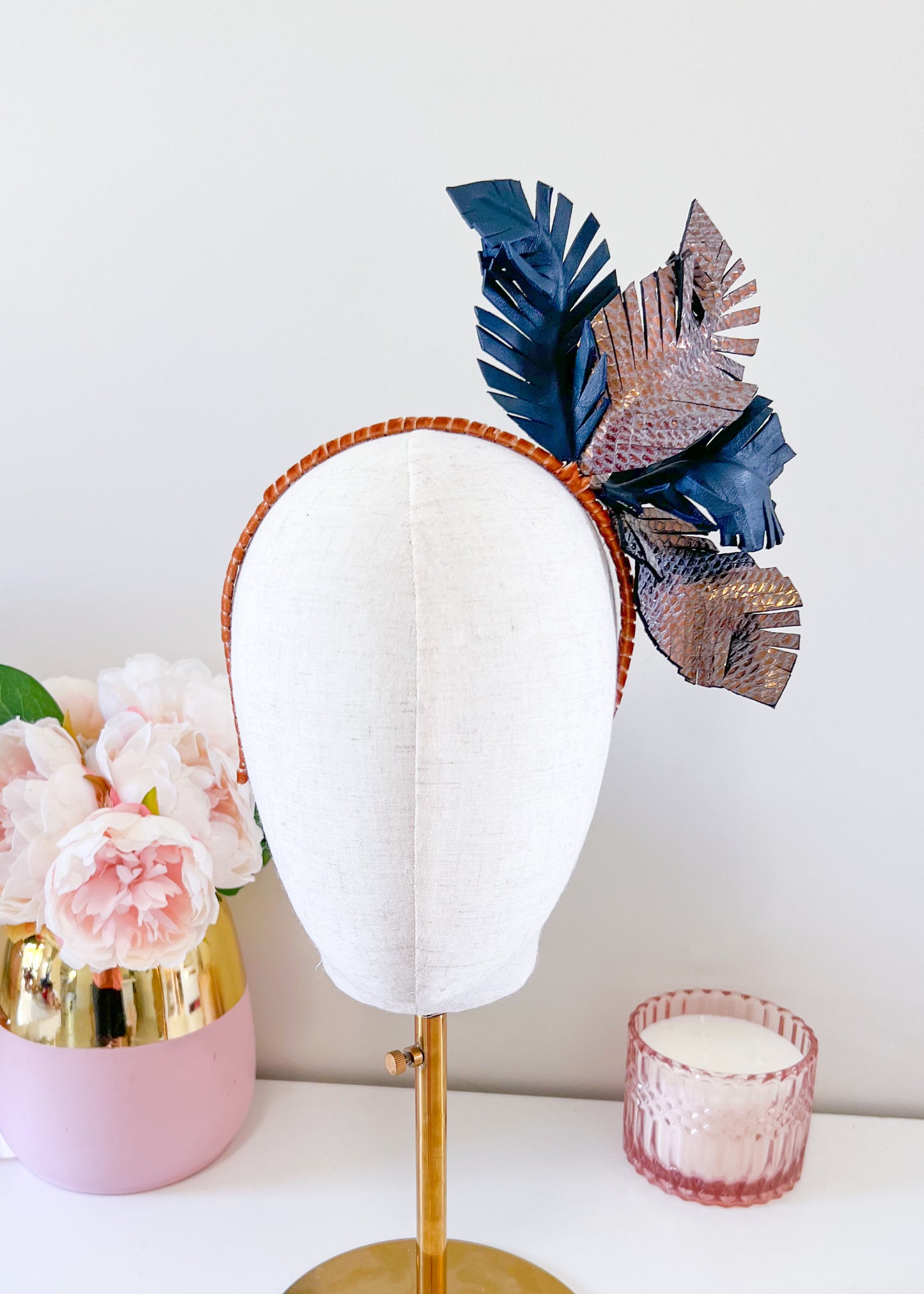 "Karla" Leather Headpiece - Navy & Bronze