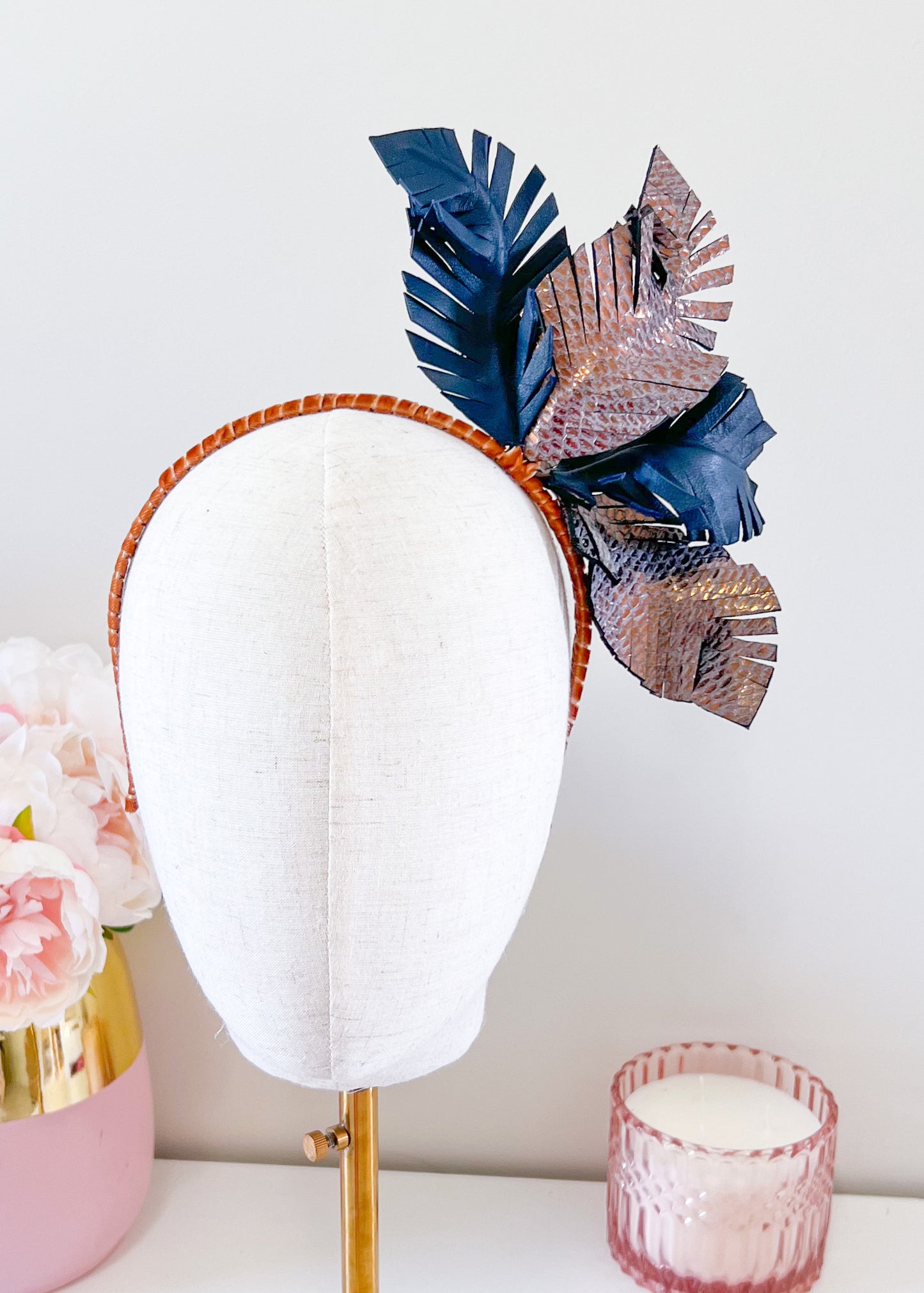 "Karla" Leather Headpiece - Navy & Bronze
