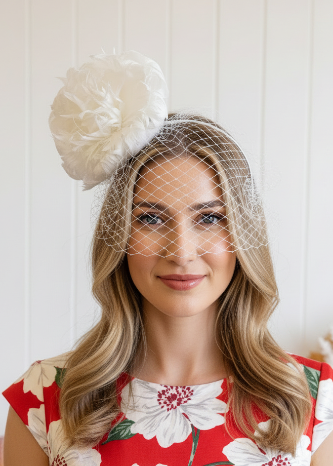 "June" White Feather w Veil