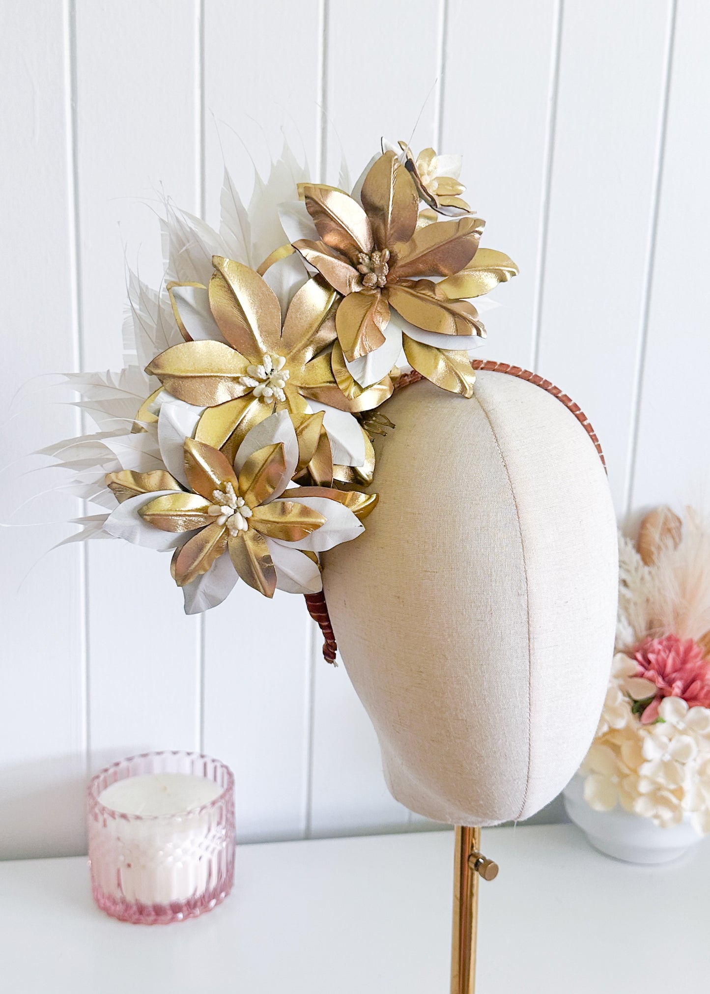 "Marion" White & Gold Leather Fascinator