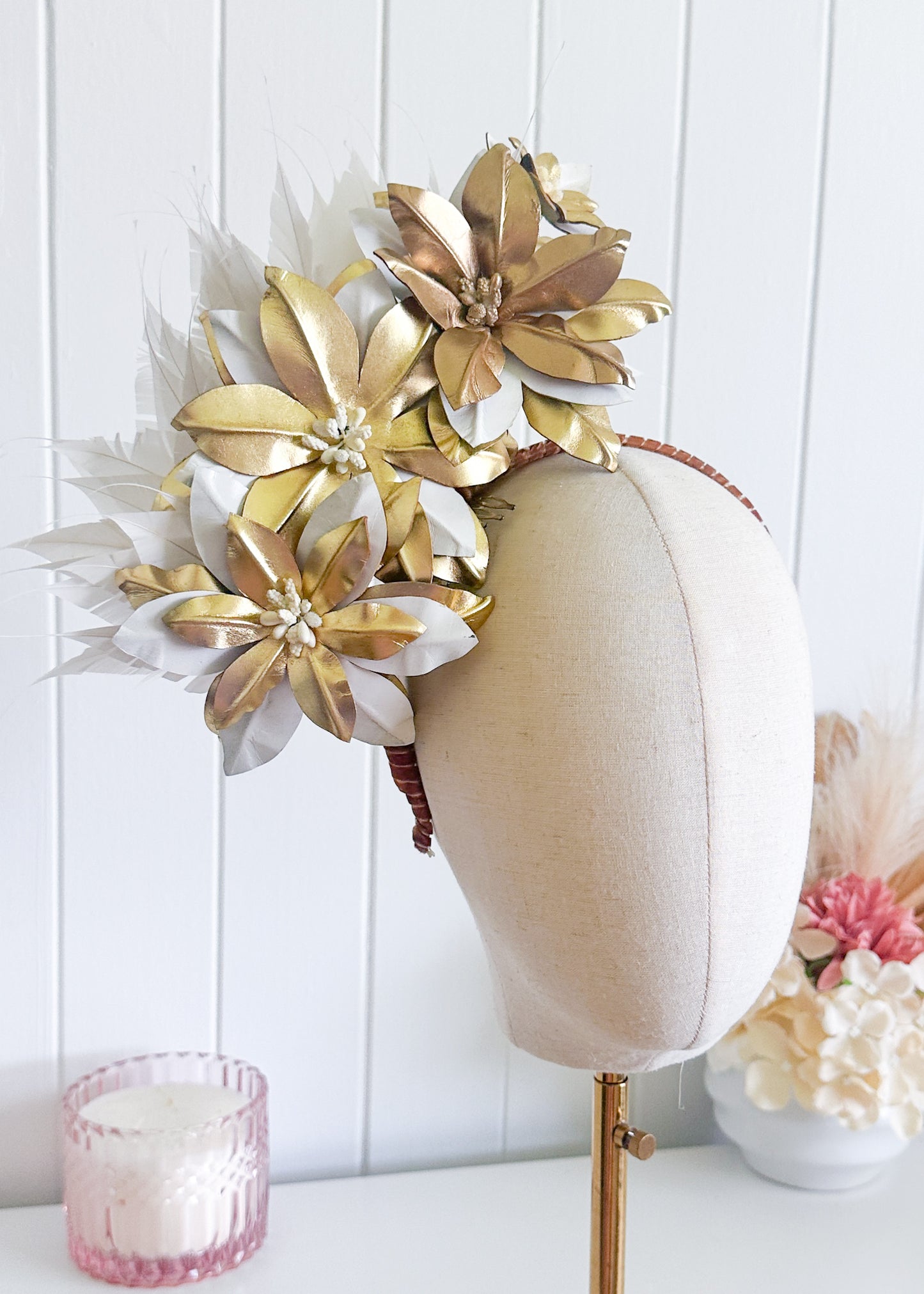 "Marion" White & Gold Leather Fascinator