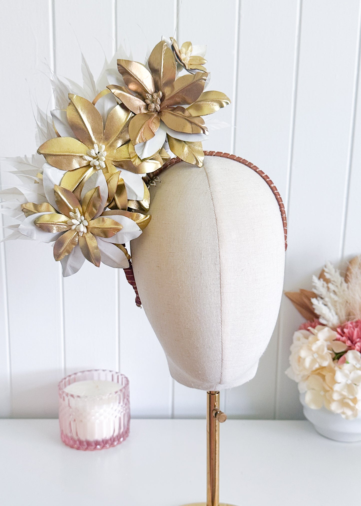 "Marion" White & Gold Leather Fascinator