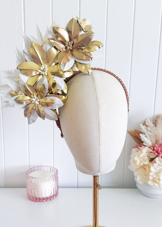 "Marion" White & Gold Leather Fascinator