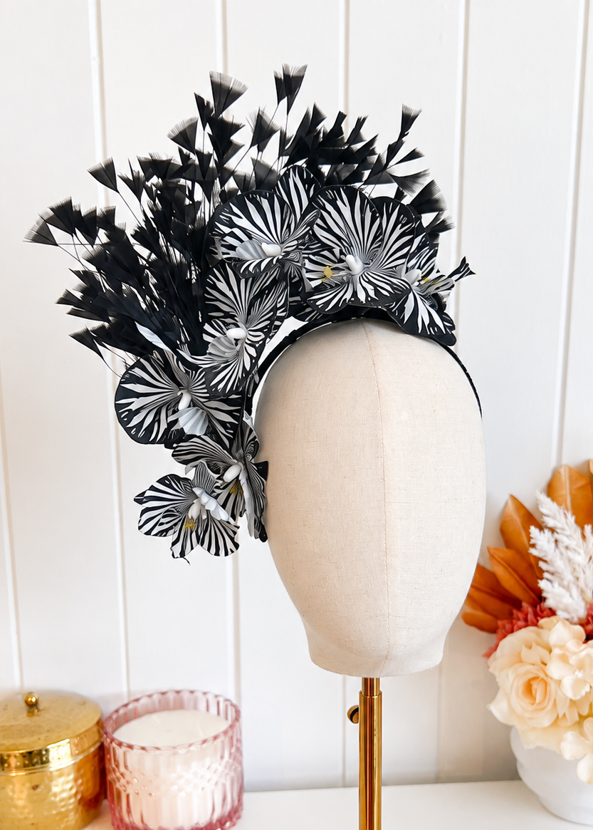 "Izara" Black & White Orchid Fascinator