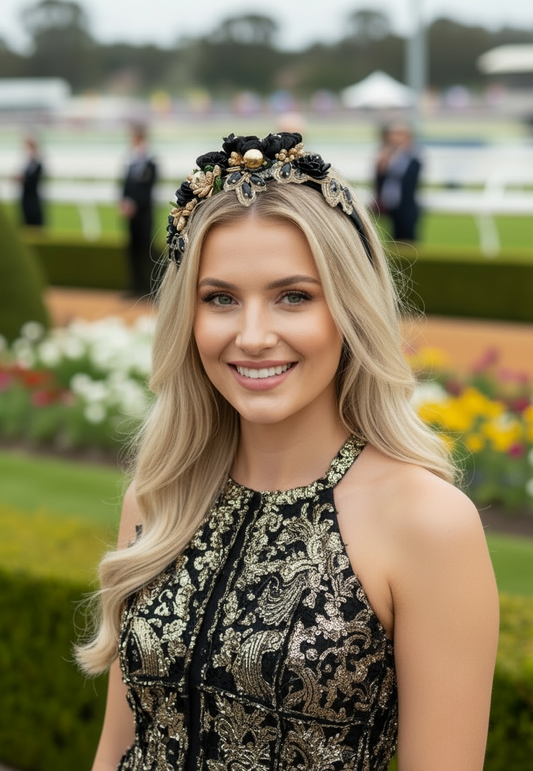 "Isabella" Crown Headband - Black & Gold