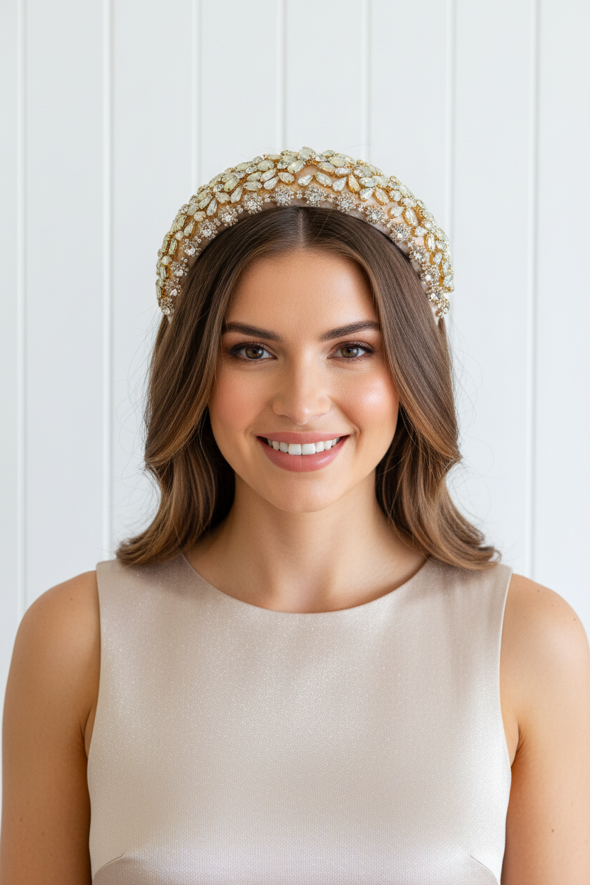 "Lillian" Jewelled Headband - Bone