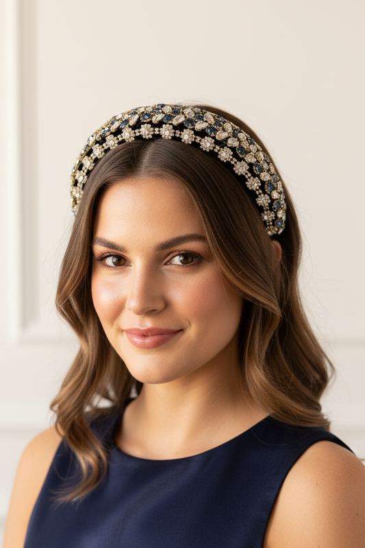 "Lillian" Jewelled Headband - Navy