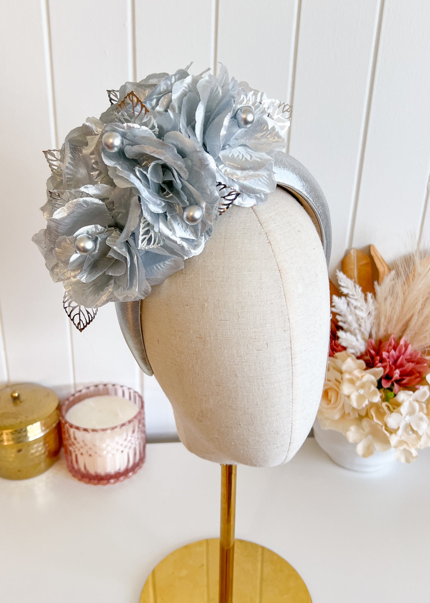 Silver Crown, Silver Hat, Silver Fascinator, Silver Headpiece, Ladies Millinery, Leather Crown, Silver Millinery, discount Floral Crown - ESTEE