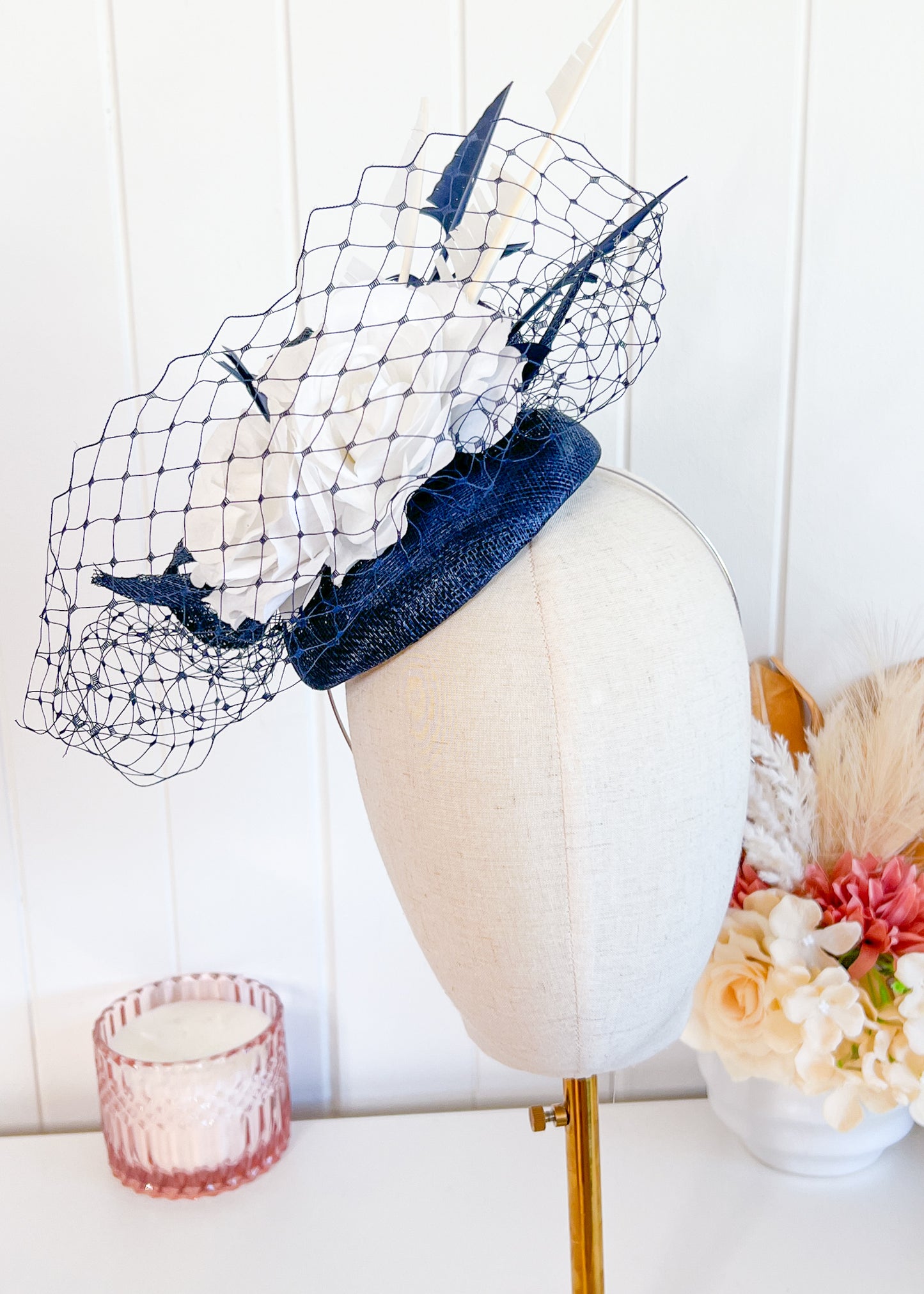 "Lila"Navy & White Fascinator