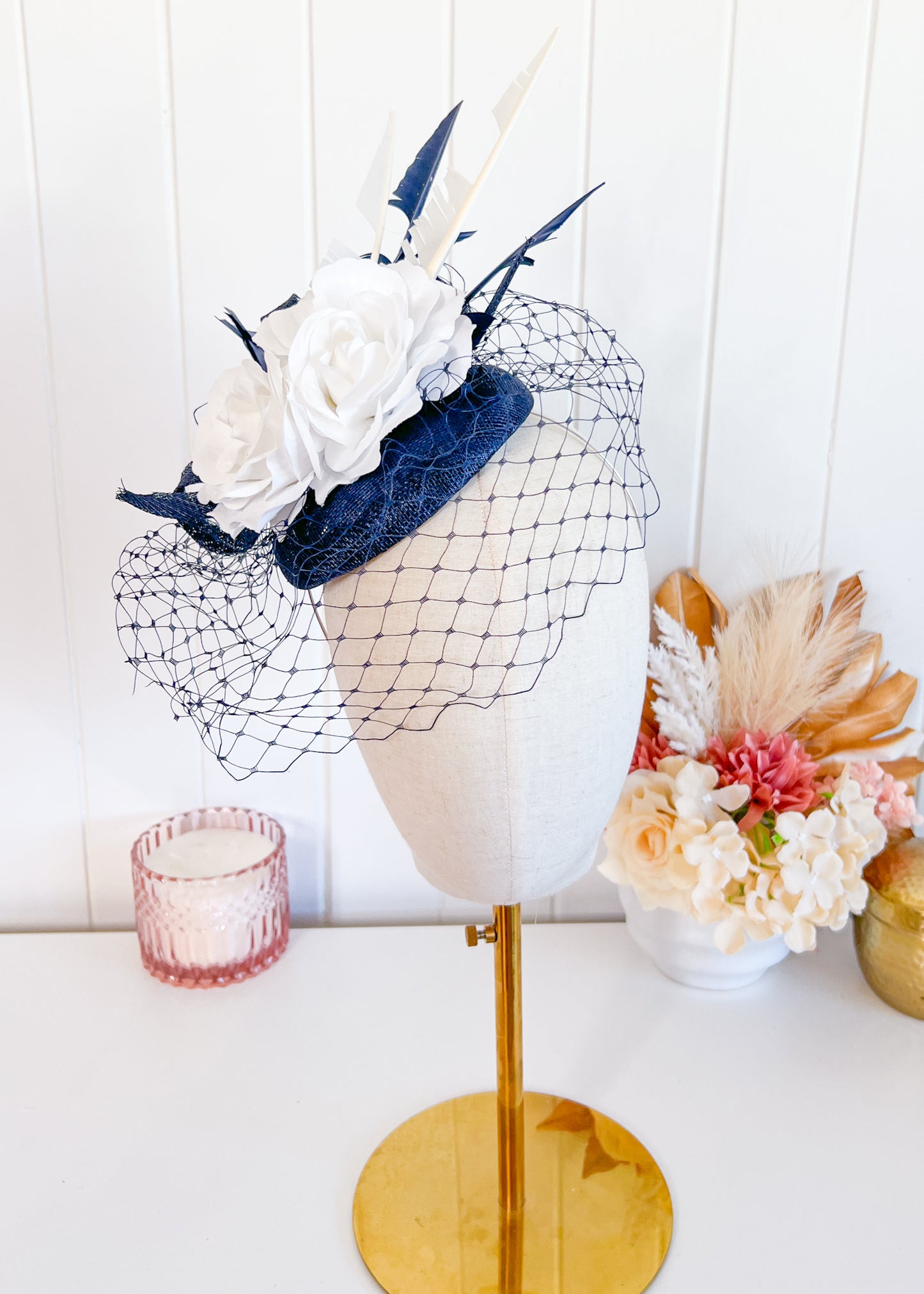 "Lila"Navy & White Fascinator