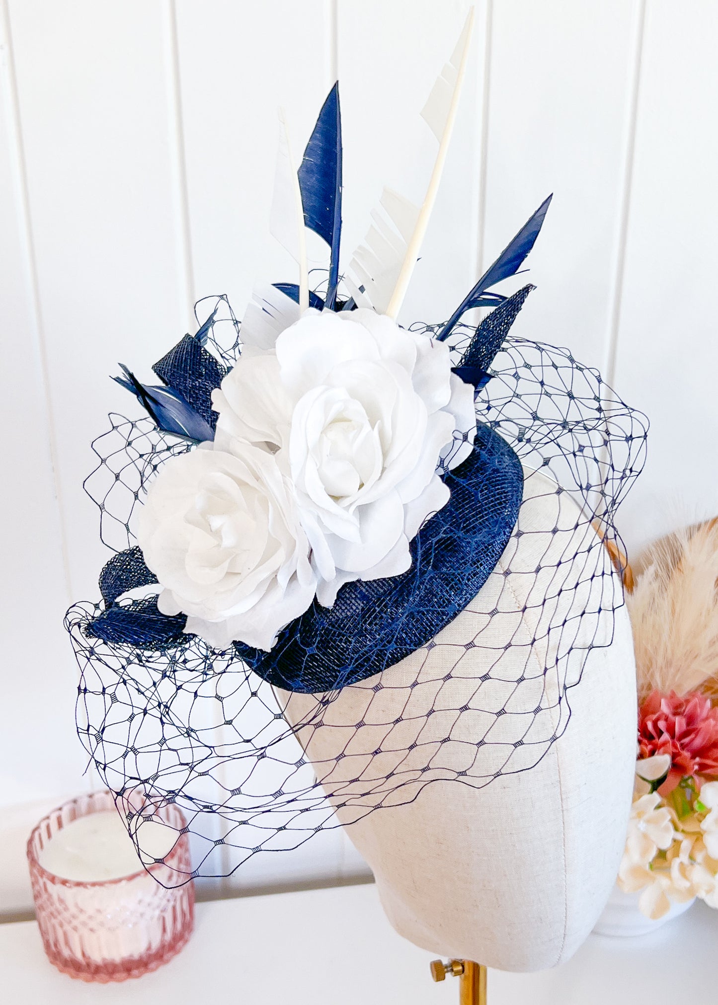 "Lila"Navy & White Fascinator