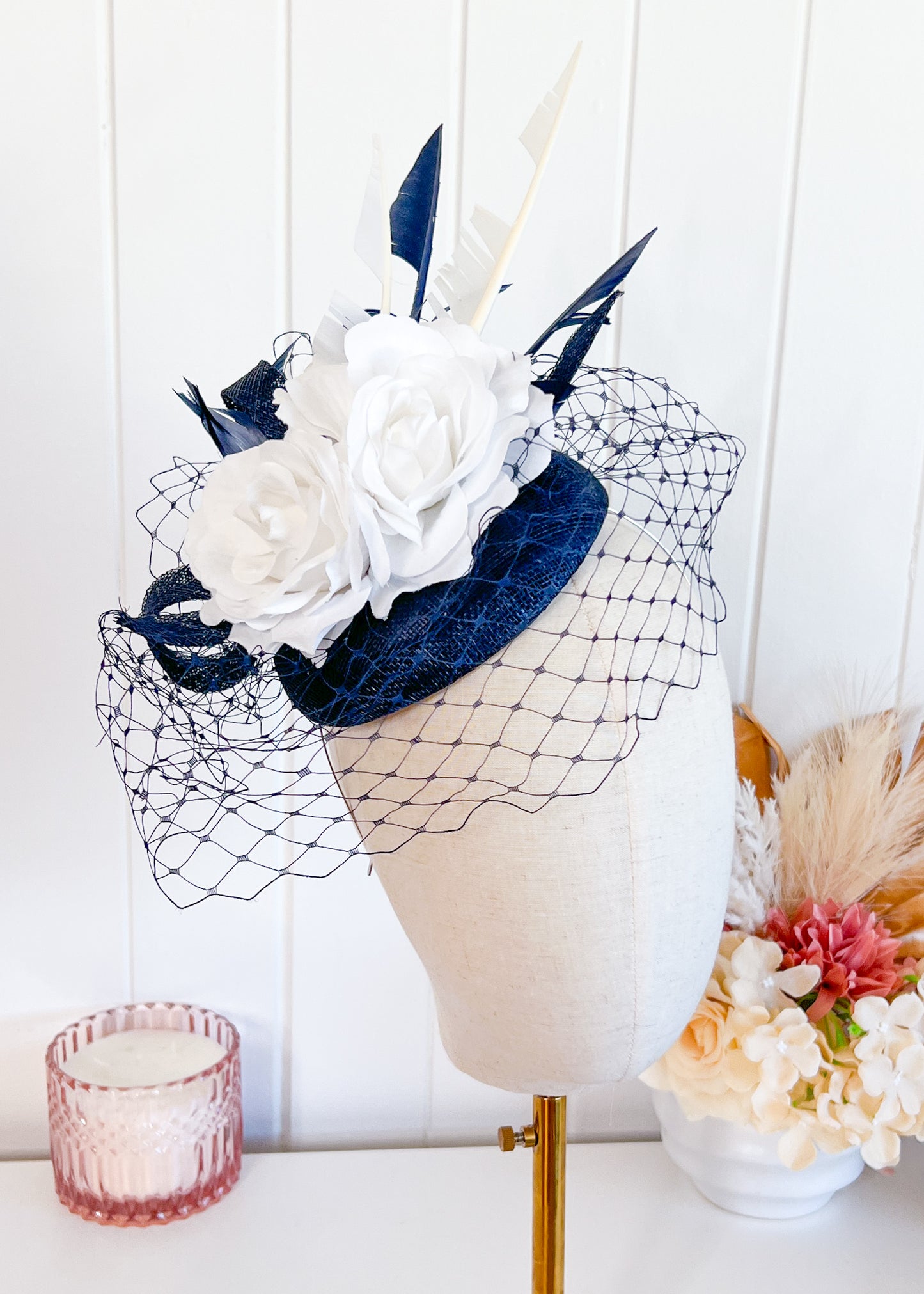 "Lila"Navy & White Fascinator