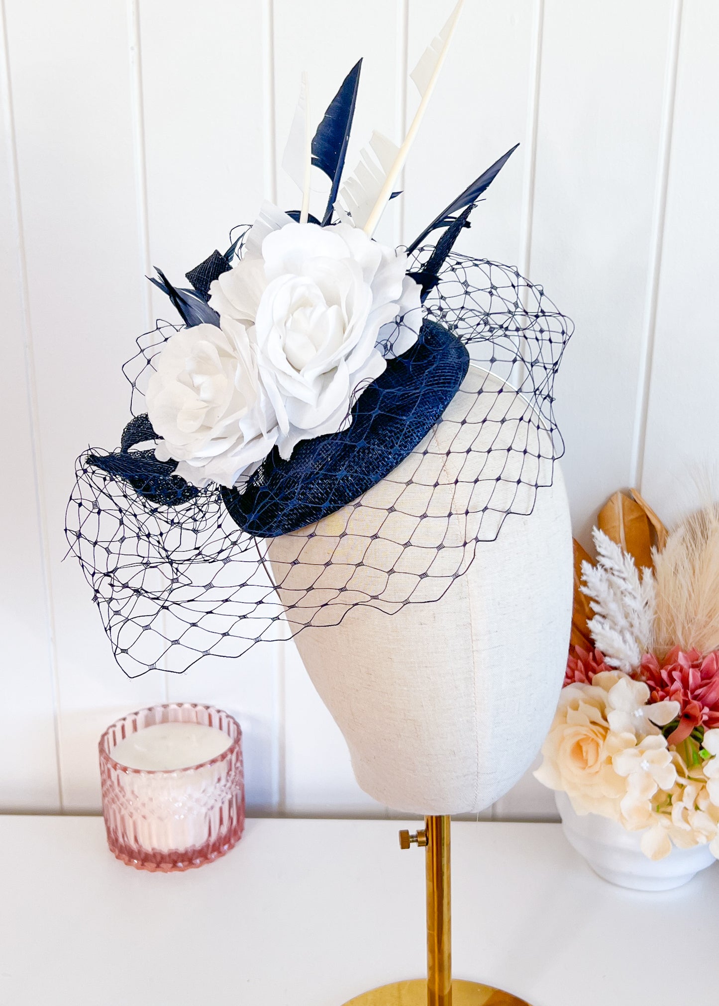 "Lila"Navy & White Fascinator