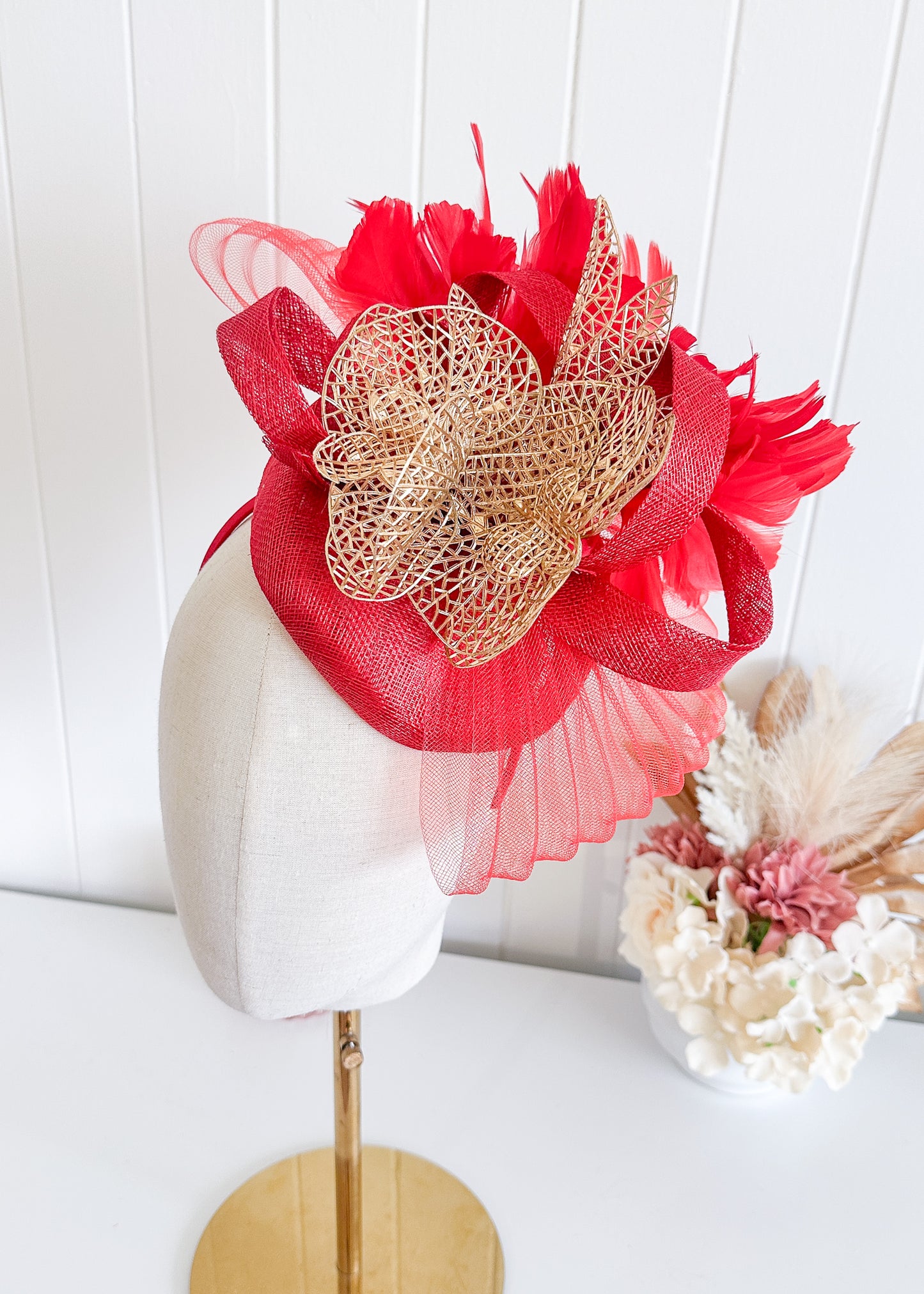 “Fantasia” Red & Gold Fascinator
