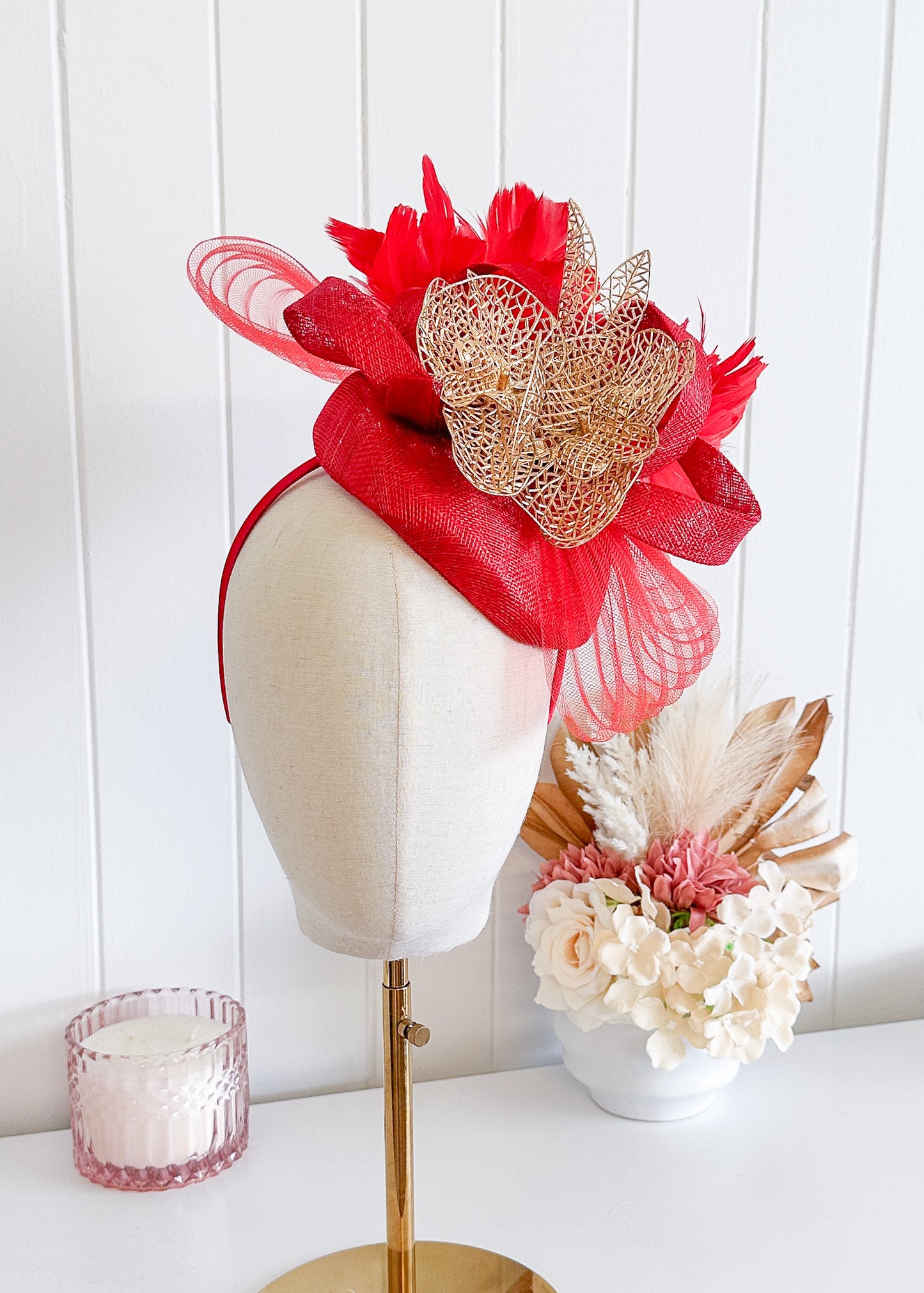 “Fantasia” Red & Gold Fascinator