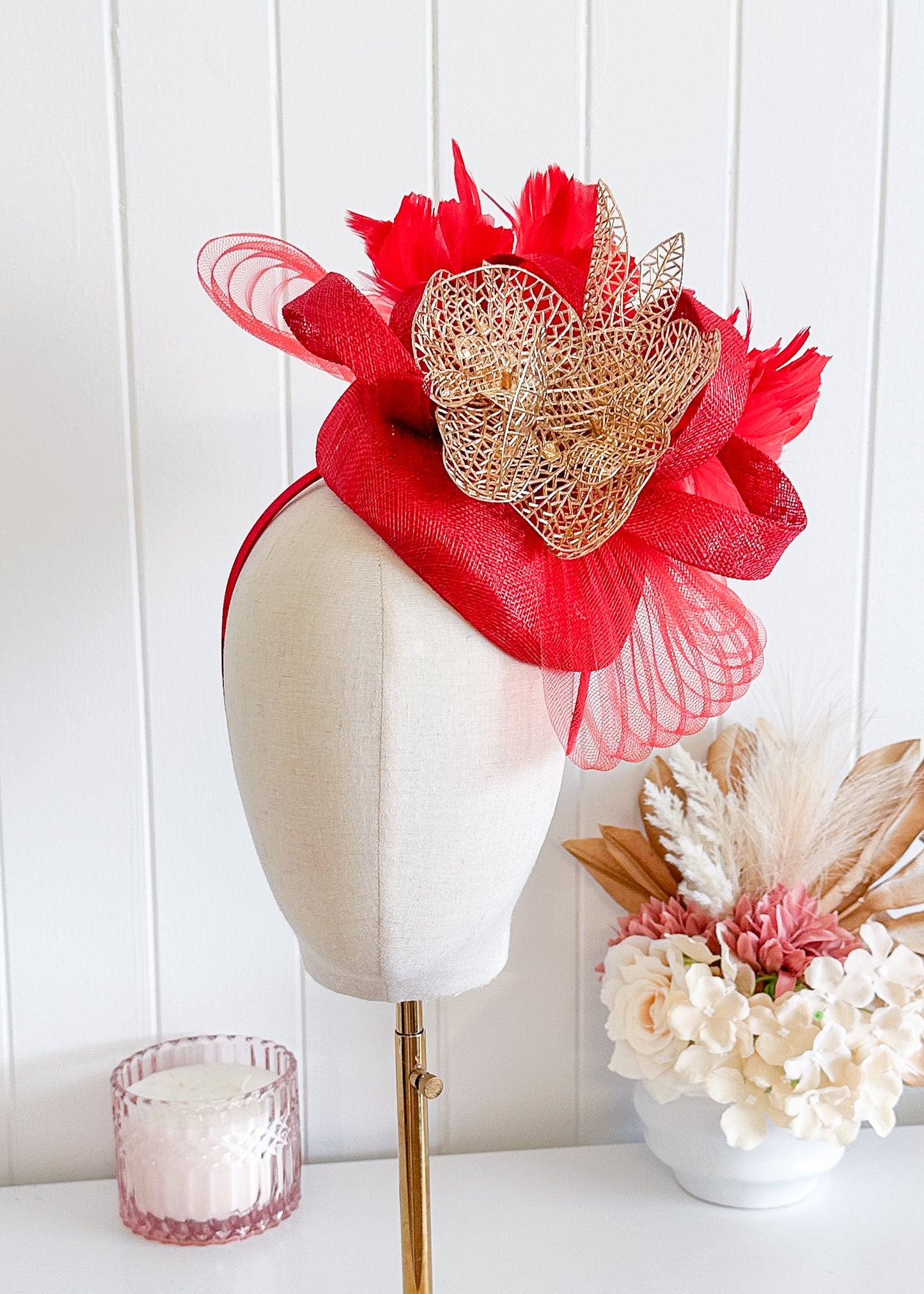 “Fantasia” Red & Gold Fascinator