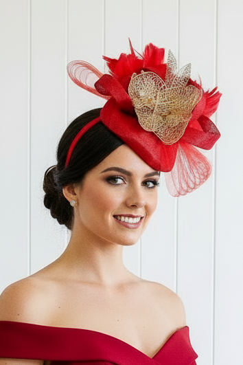 “Fantasia” Red & Gold Fascinator