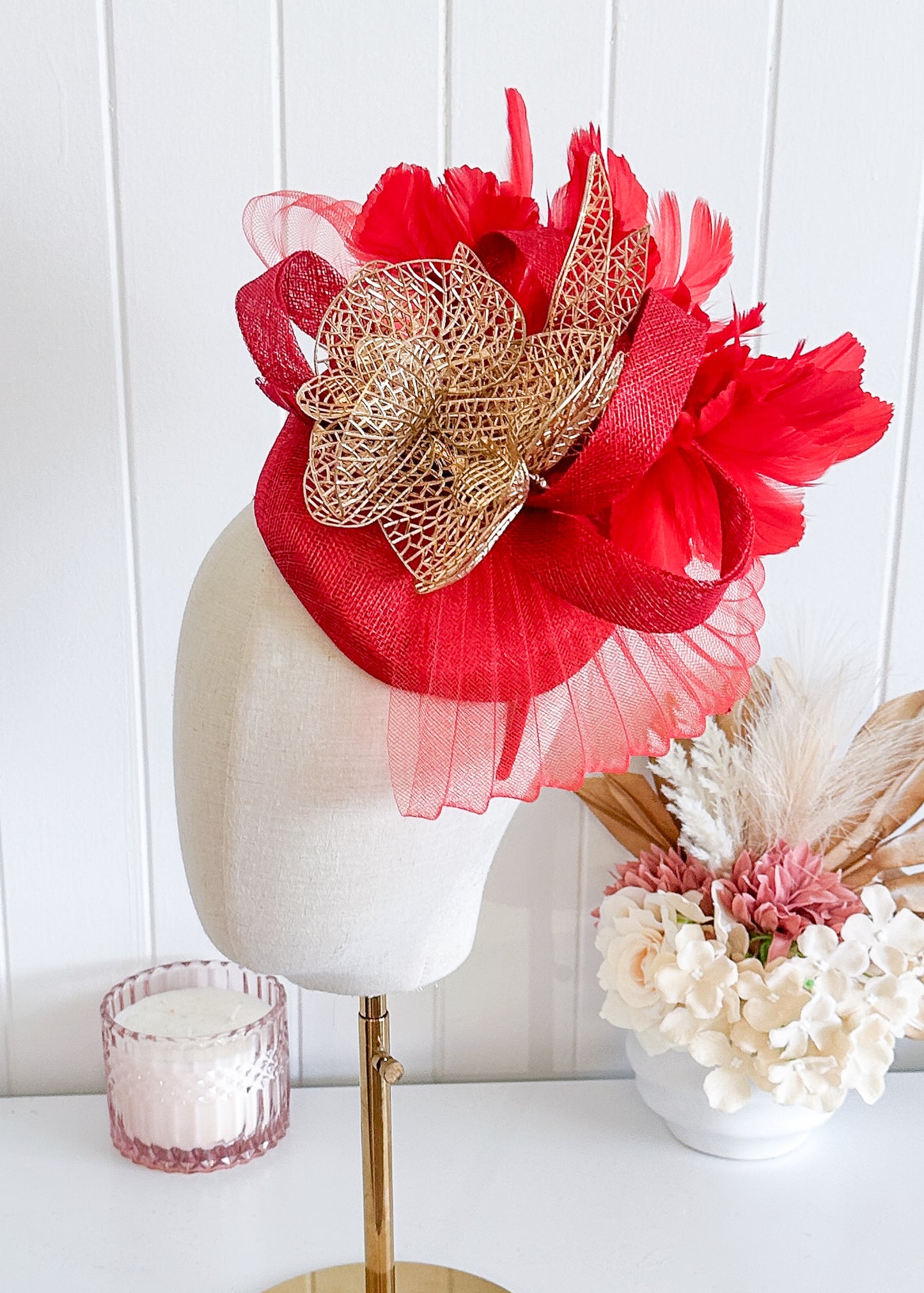 “Fantasia” Red & Gold Fascinator