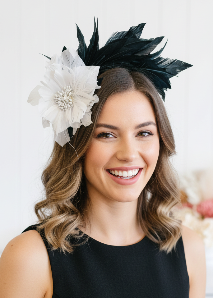 “Nica" Black & White Feather Headband