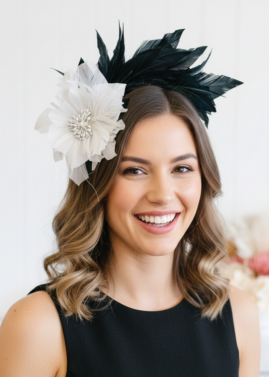 “Nica" Black & White Feather Headband