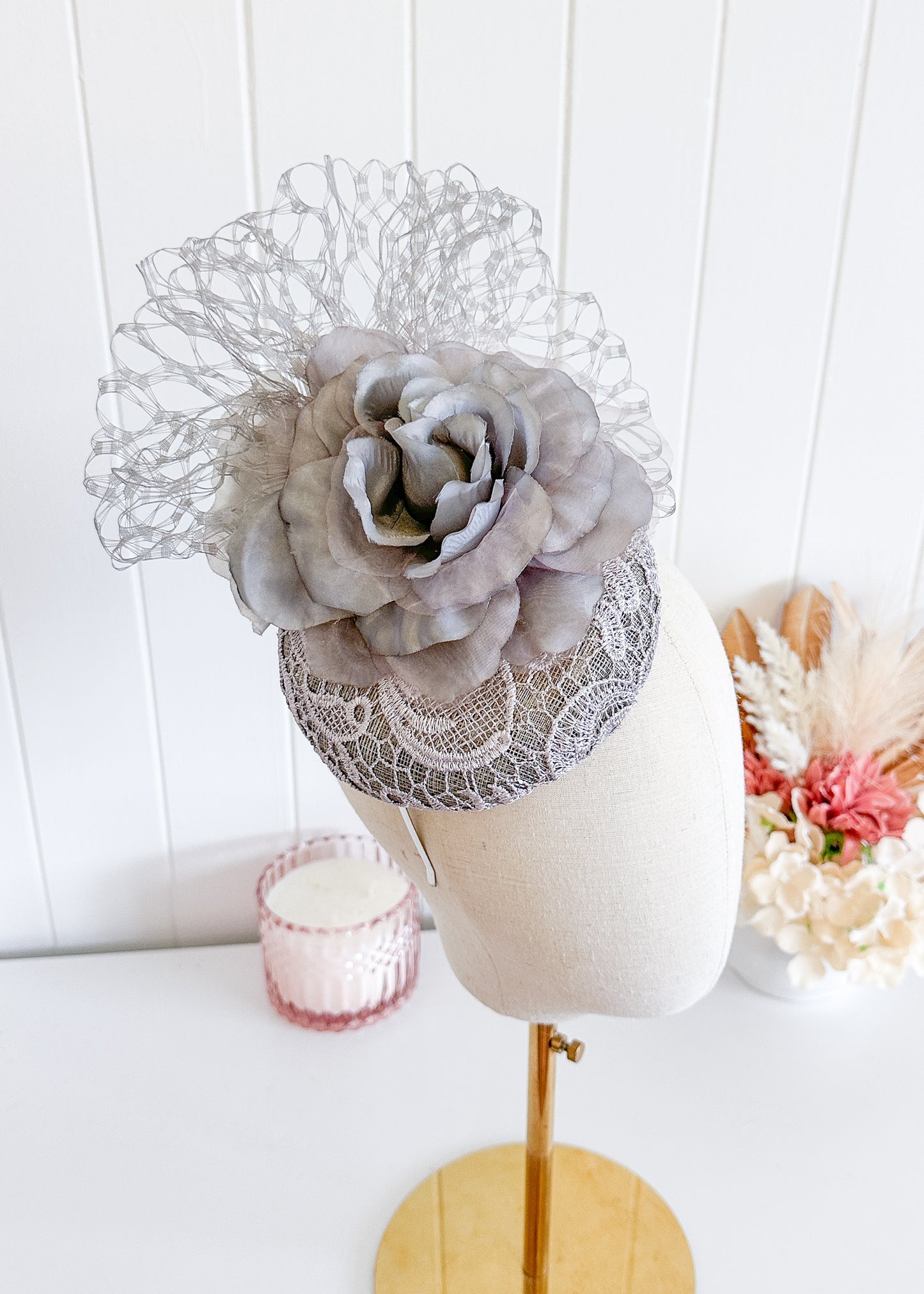 “Phyllis" Grey Lace Fascinator