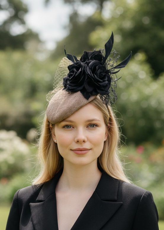 "Tegan" Beige and Black Fascinator