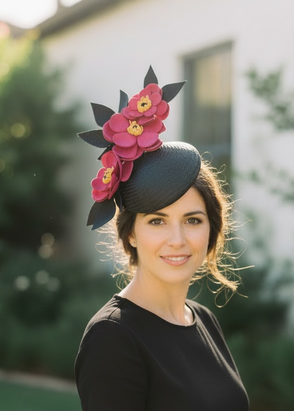 "Melanie" Magenta and Black Fascinator