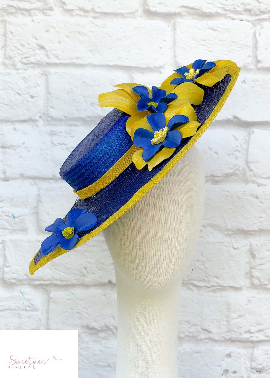 "Summer" Yellow & Blue Boater Hat