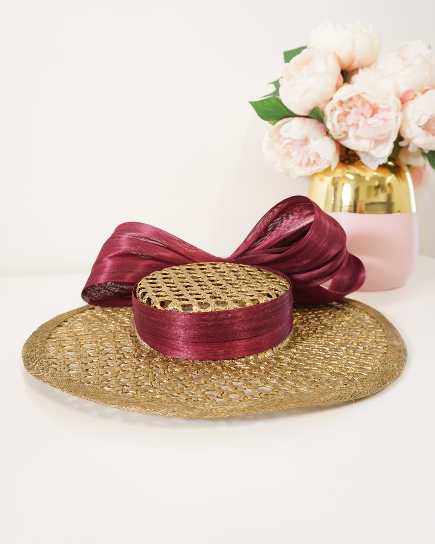 "Sweetheart" Burgandy & Gold Boater - Millinery Hire