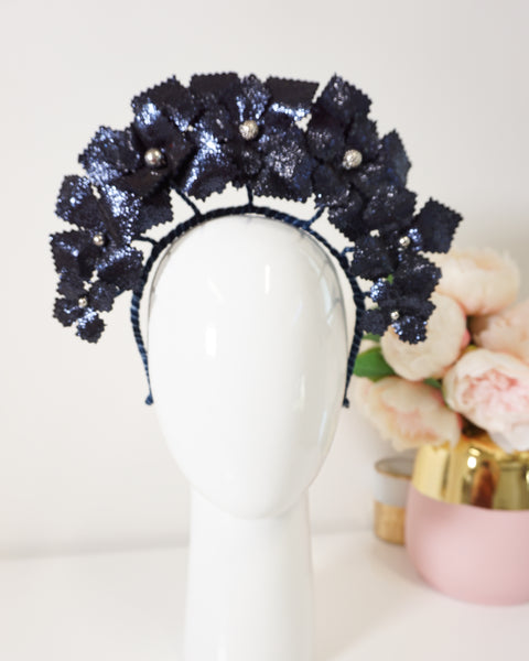 Metallic Navy Leather Crown - Millinery Hire