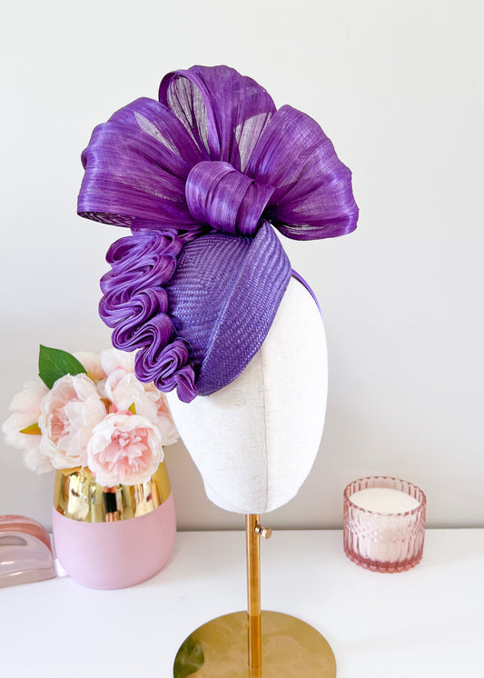 "Darcy" Silk Abaca & Buntal Headpiece - Purple