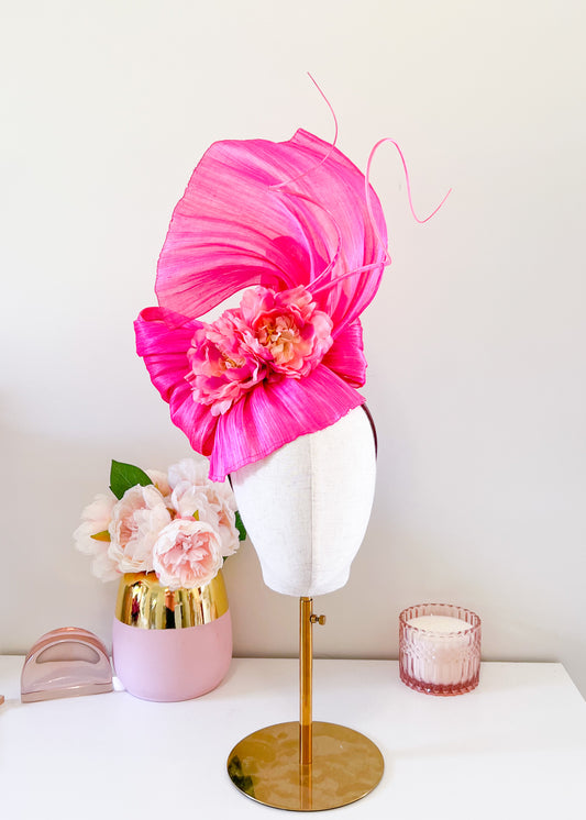 "Mia" Silk Abaca Headpiece - Hot Pink