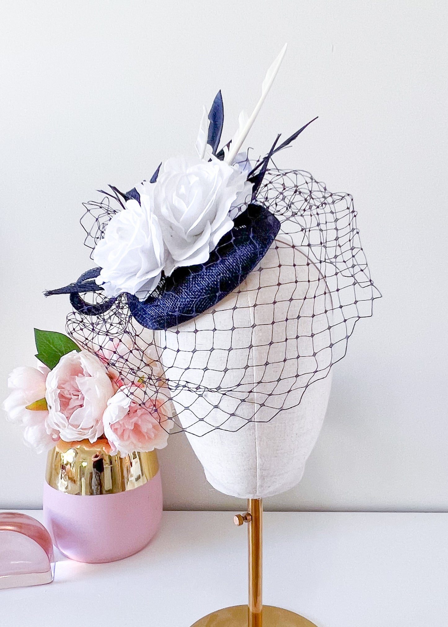 "Lila"Navy & White Fascinator