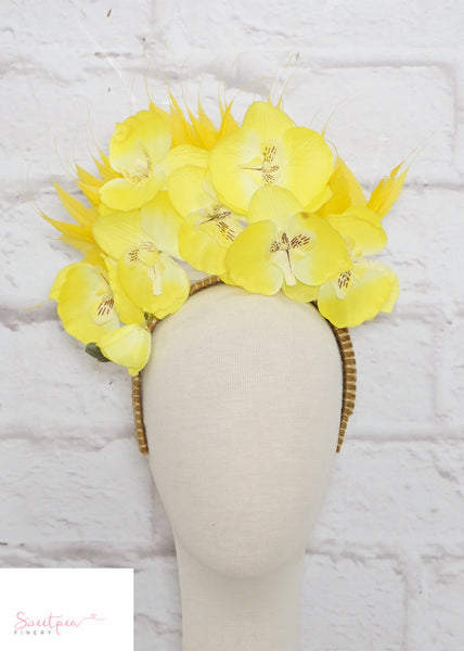 "Orchid Spray" Bright Yellow Floral Crown