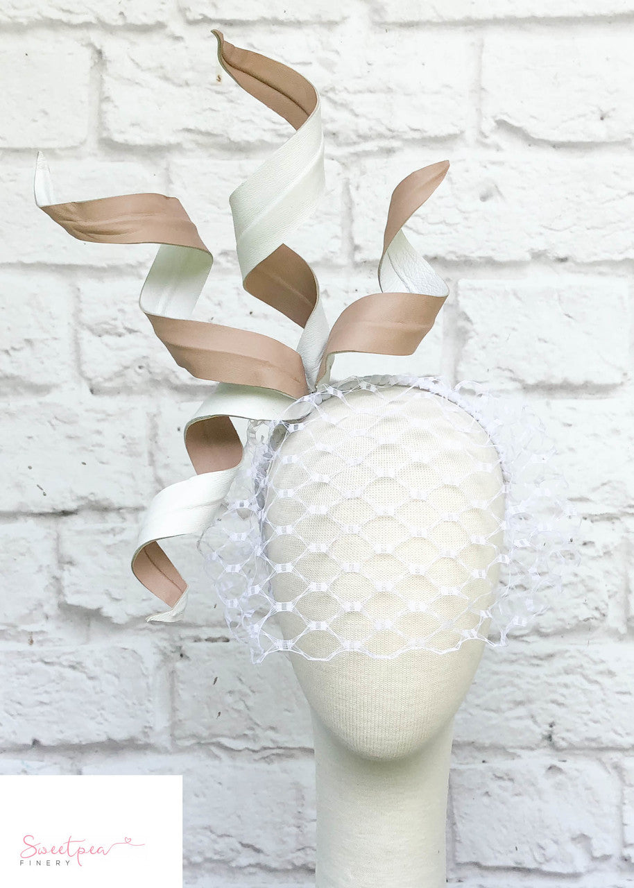 "Cameron" Beige & White Leather Headpiece