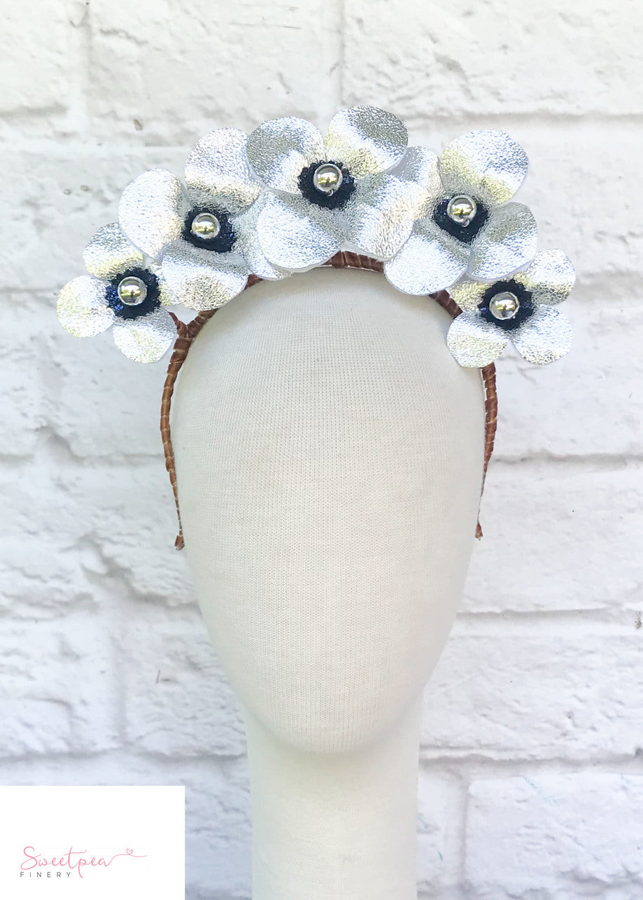 "Nina" Silver & Navy Leather Floral Crown