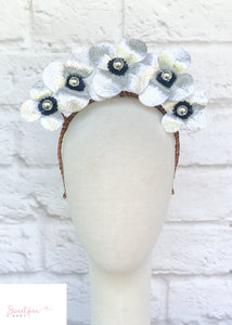 "Nina" Silver & Navy Leather Floral Crown