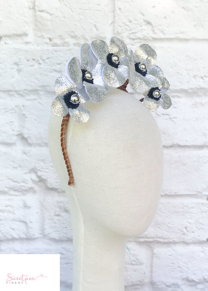"Nina" Silver & Navy Leather Floral Crown