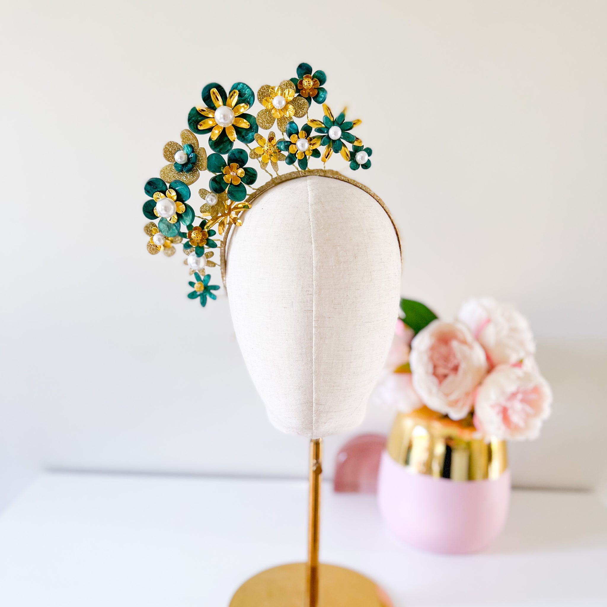 "Cressida" Laser Cut Headband - Emerald & Gold